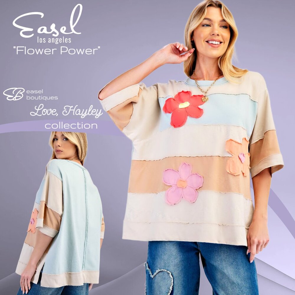 EASEL “Flower Power” Mineral Washed Raw Seam Tunic Flower Patch Cotton Colorful